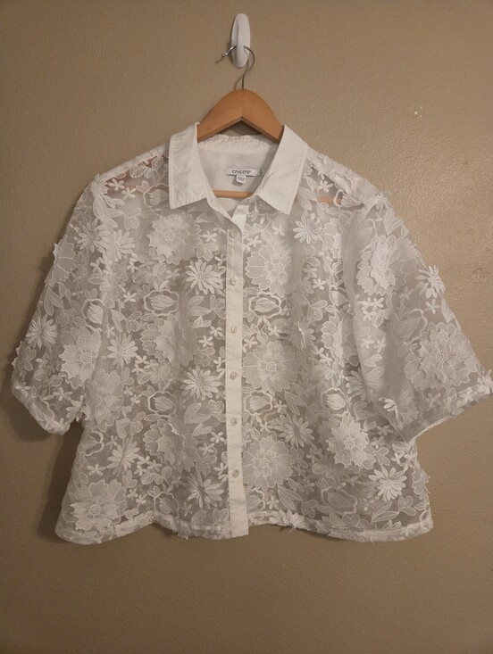 Chico's Tops - CHICO'S White Lacey 3-D Floral Applique Sheer Button Down Cropped Blouse Size XL